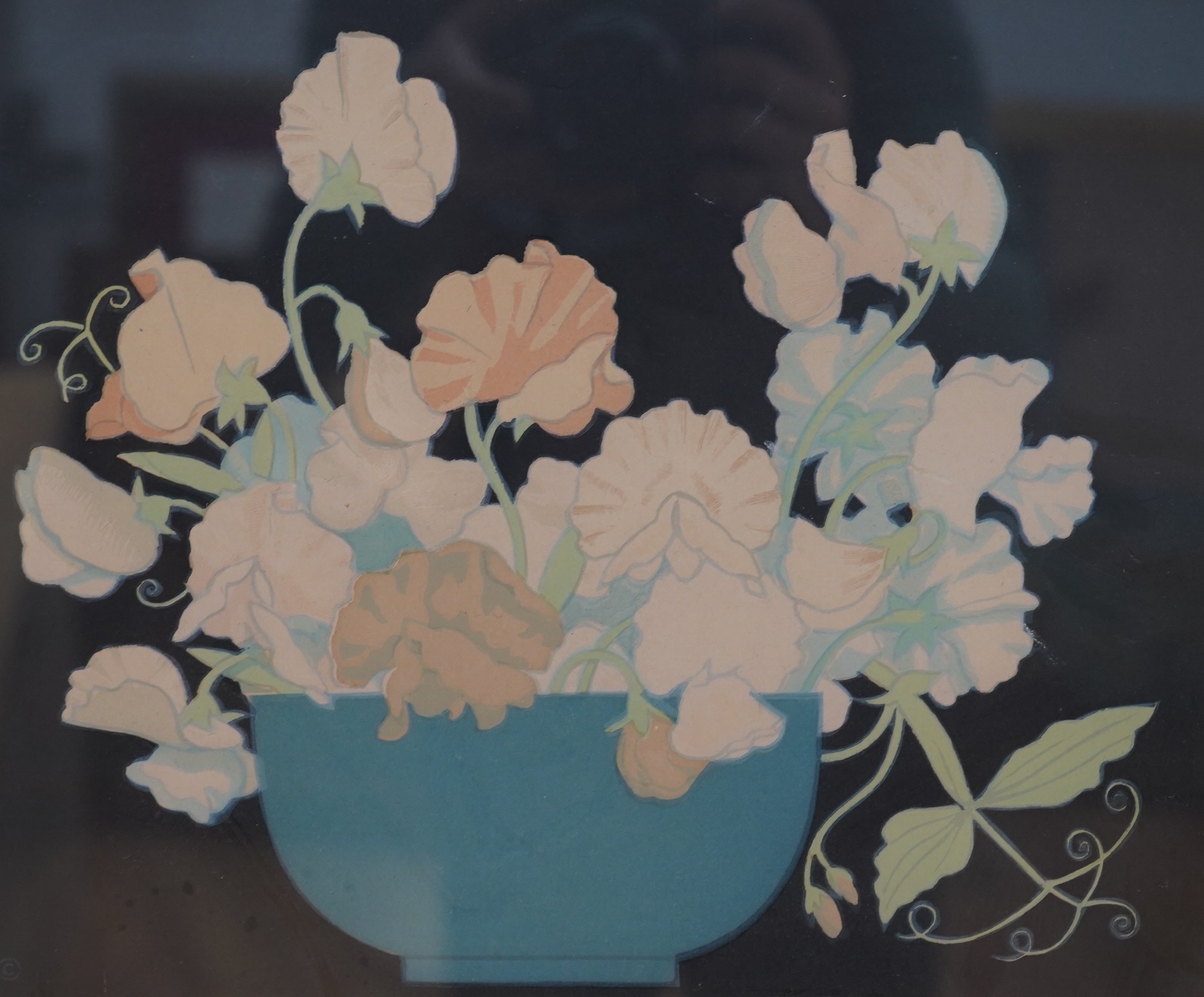 John Hall Thorpe (1874-1947), woodblock engraving, Still life of Sweet Peas, signed in pencil, 25 x 30cm. Condition - poor to fair, faded
